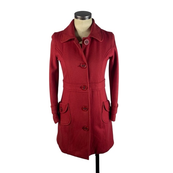 Tulle Anthropologie Button Front Wool Blend Pea Coat Small Red Longline Collared - Picture 1 of 9